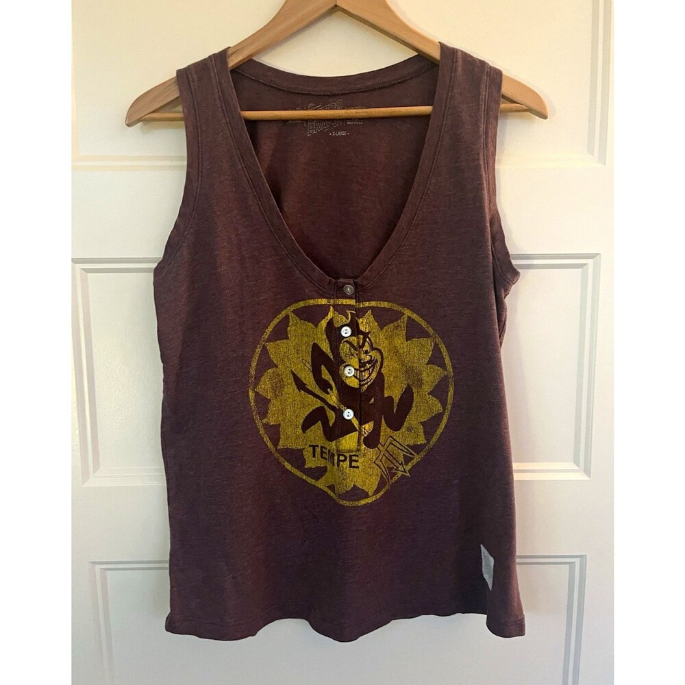 Retro Brand Tempe Sparky Graphic V-Neck Button Henley Tank Top Brown Gold XL